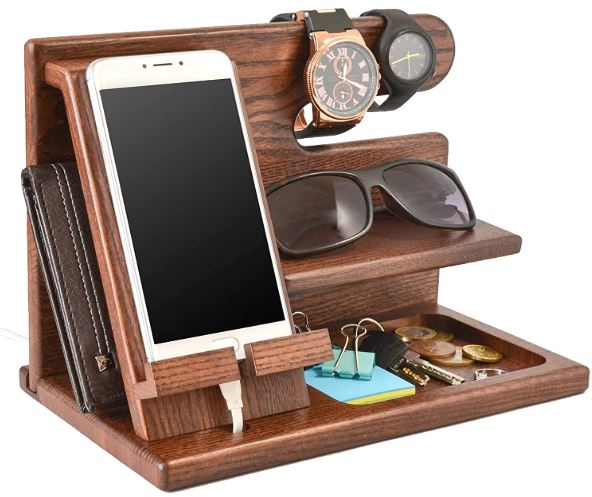 TESLYAR Wood Phone Docking Station Ash Key Holder Wallet Stand Watch Organizer-image