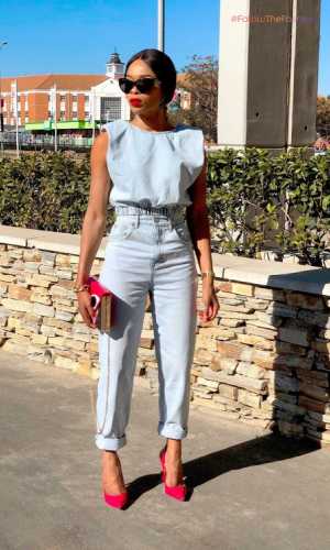 Denim Blue Outfit With Bright Red Shoes