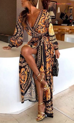 Gold Floral Wrap Dress