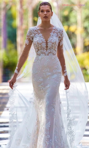 Layered Lace Long-Sleeve Mermaid Gown 2