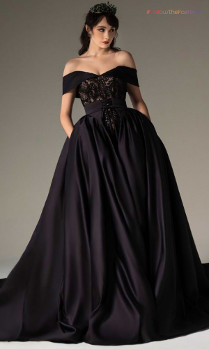 Off The Shoulder Satin Black Wedding Dress 1