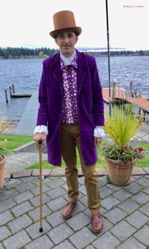 Willy Wonka Halloween Costume In White Dress And Purple Cardigan