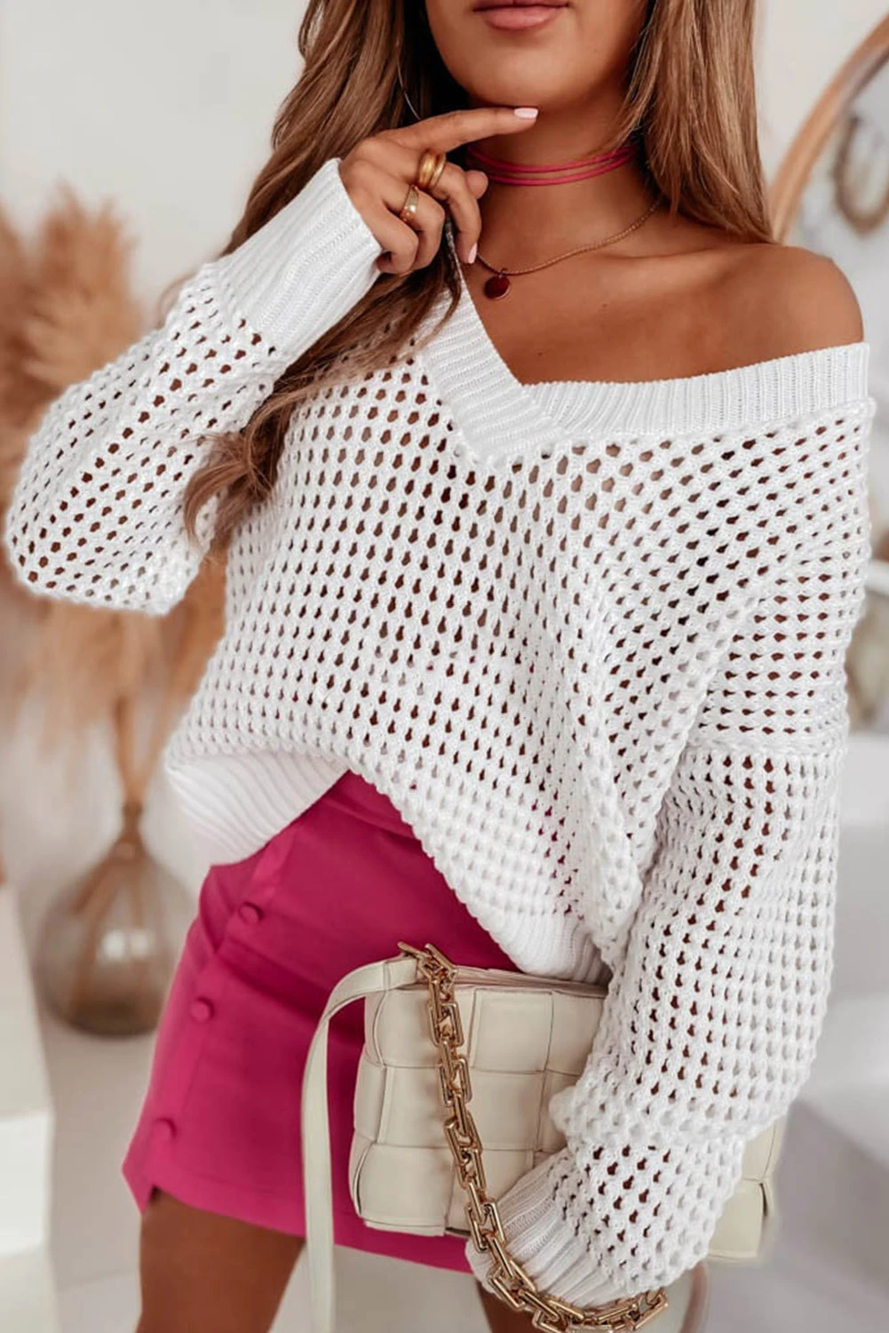 White Hollow Out Knitted V-Neck Loose-Fit Sweater