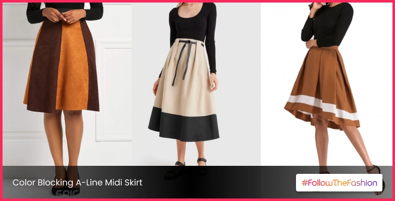 Color Blocking A-Line Midi Skirt